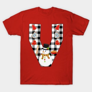 BW Buffalo Checks Pattern Monogram V | Snowman T-Shirt